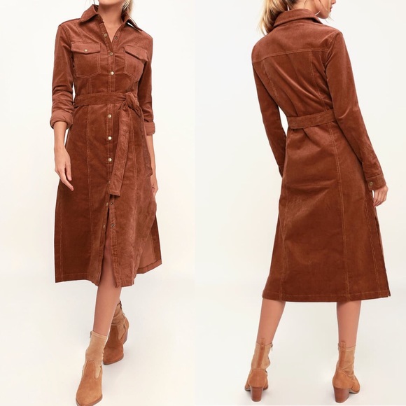 Honey Punch Dresses & Skirts - 🆕 Honey Punch Brown Corduroy Midi Shirt Dress